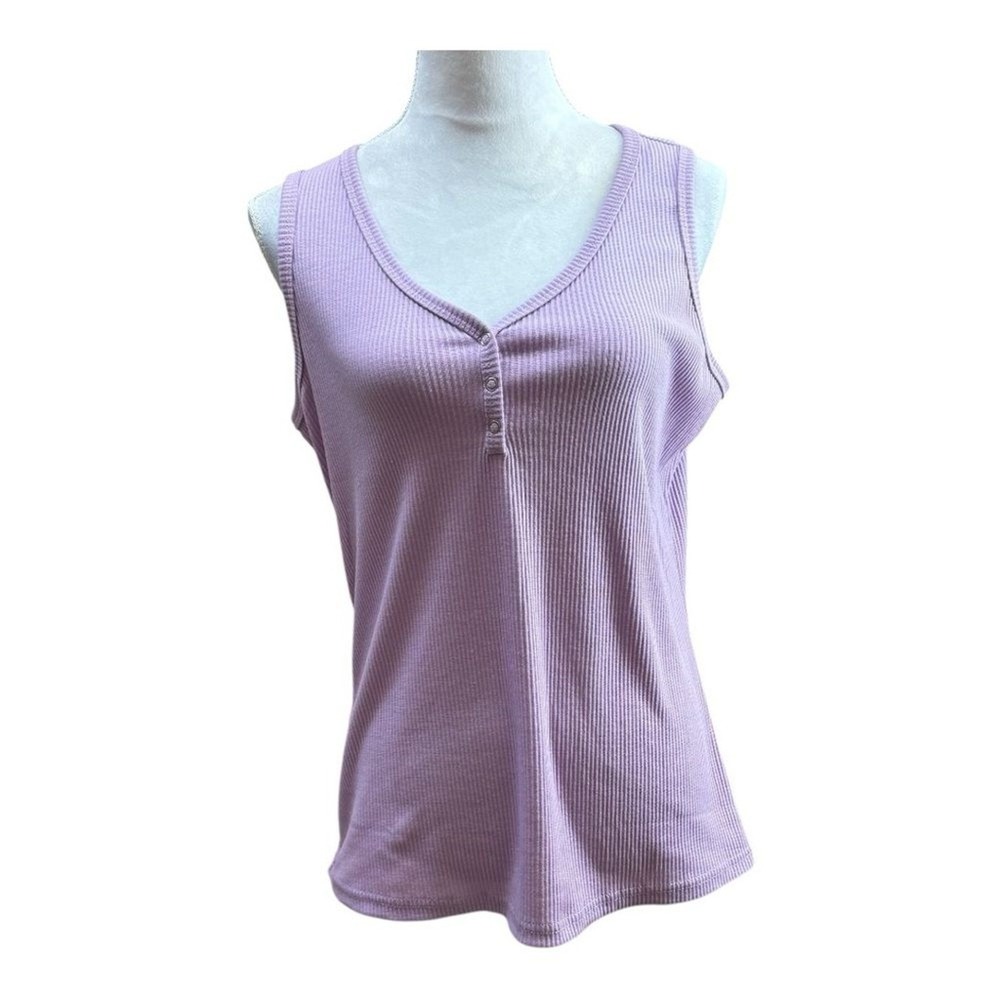 Merokeety‎ Purple Ribbed V Neck Button Front Sleeveless Tank Top Women's L